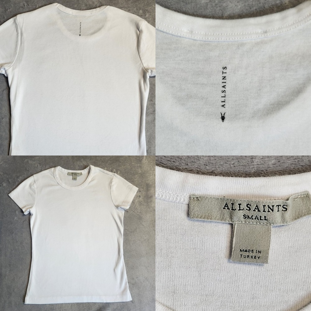 AllSaints Stevie Tee White Organic Cotton Crew Neck Short Sleeve T-Shirt Small S